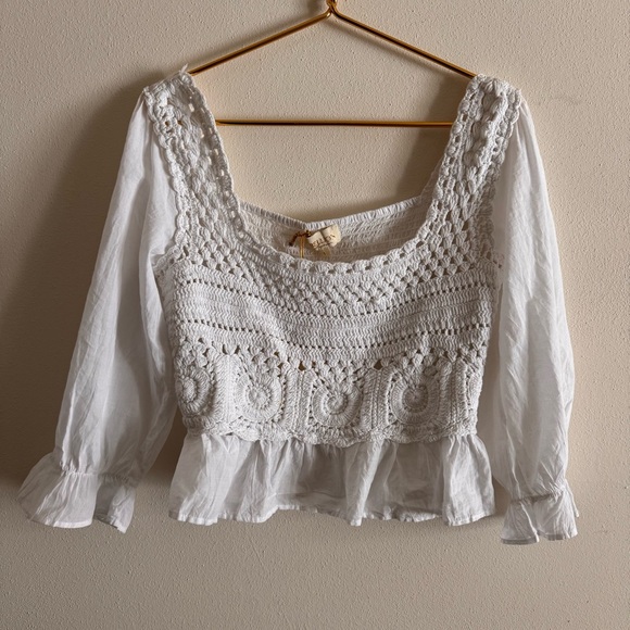 Rebellion // nwt white crochet square neck long sleeves top size large - Picture 1 of 8